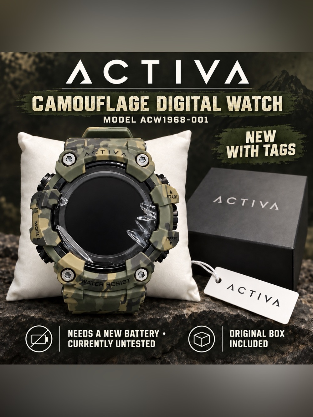 Activa ACW1968-001 Camouflage Digital Watch NWT Needs Battery
